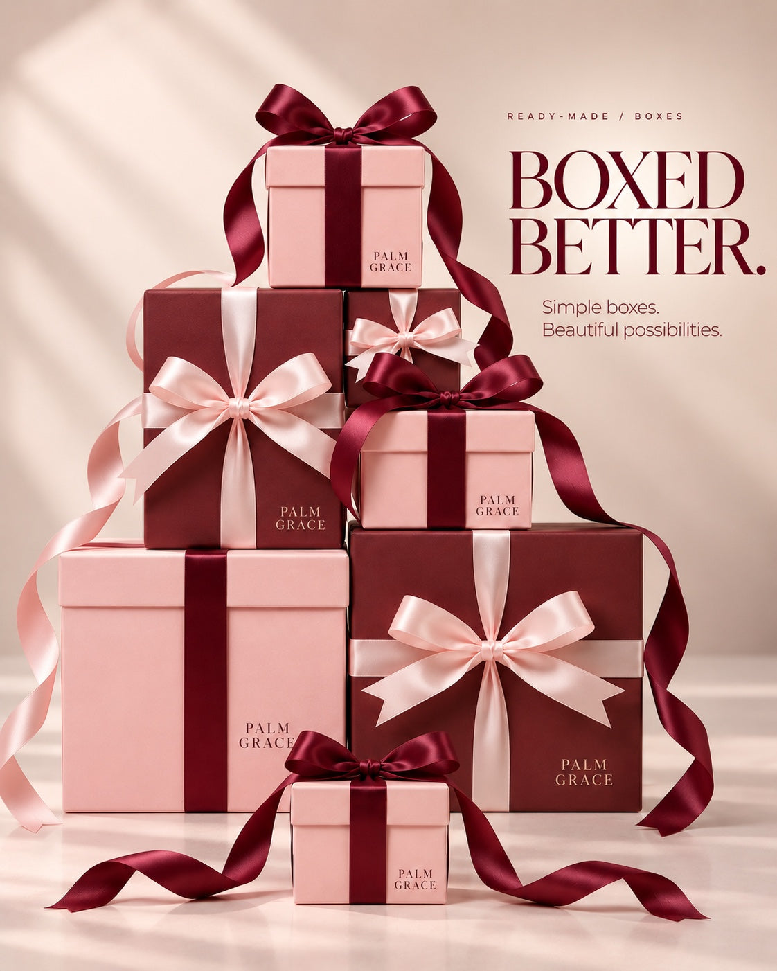 Palm Grace ready-made gift boxes tied with pink and burgundy ribbons