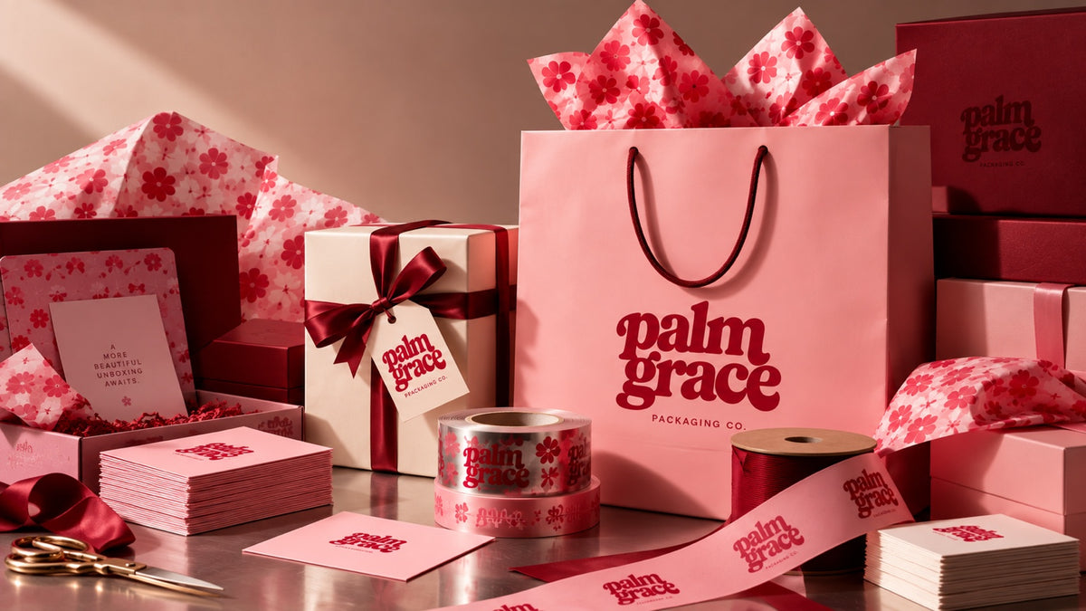 Palm Grace packaging campaign with branded bag, gift boxes, ribbons and tissue paper