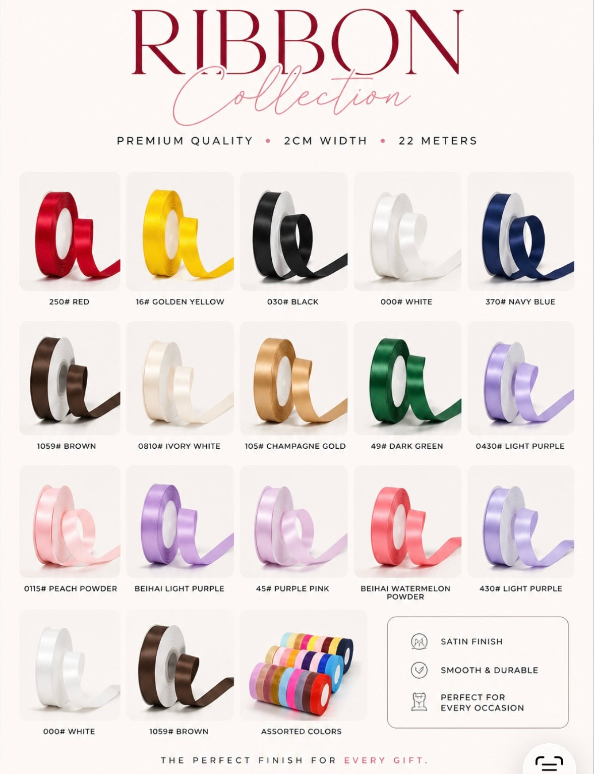 Premium satin ribbon colour guide