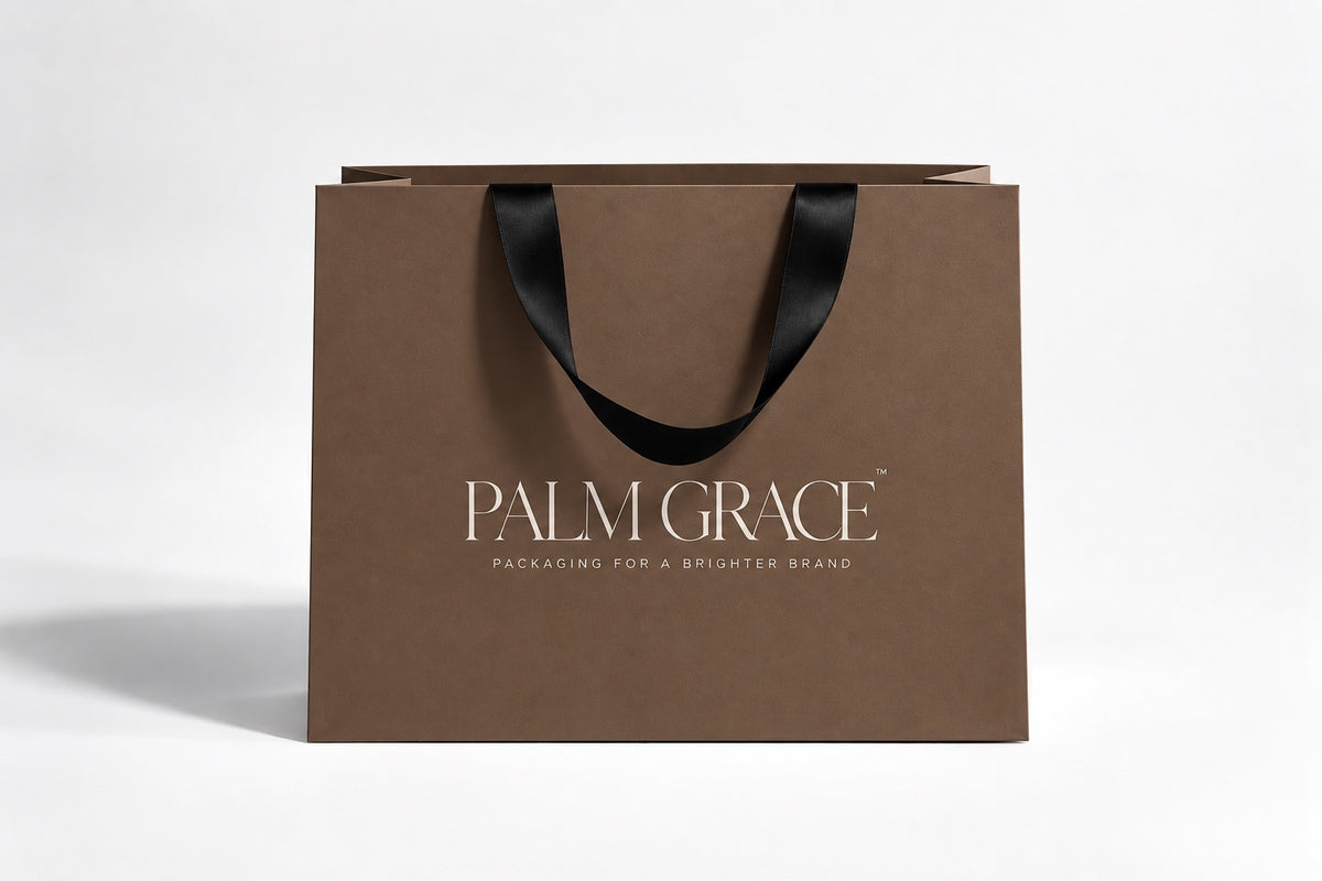 Customized coffee brown Palm Grace paper bag with black satin handles